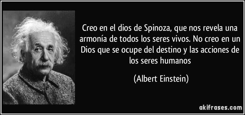 Creo en el dios de Spinoza, que nos revela una armonía de todos los seres vivos. No creo en un Dios que se ocupe del destino y las acciones de los seres humanos (Albert Einstein)