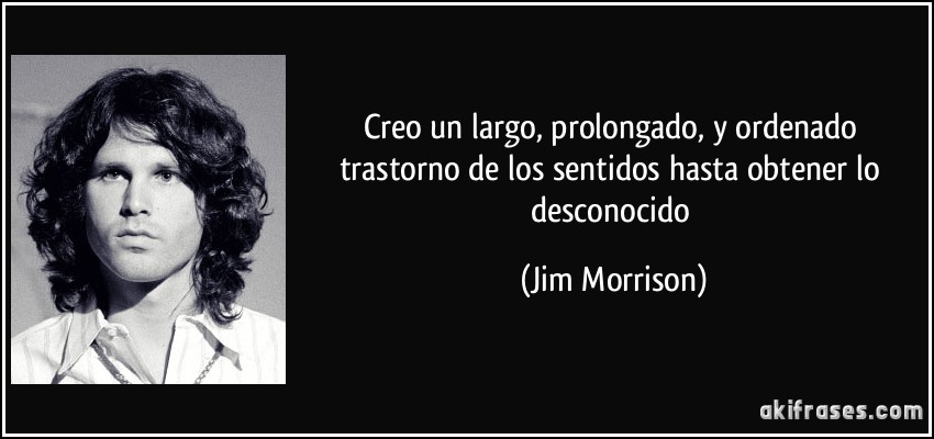 Creo un largo, prolongado, y ordenado trastorno de los sentidos hasta obtener lo desconocido (Jim Morrison)