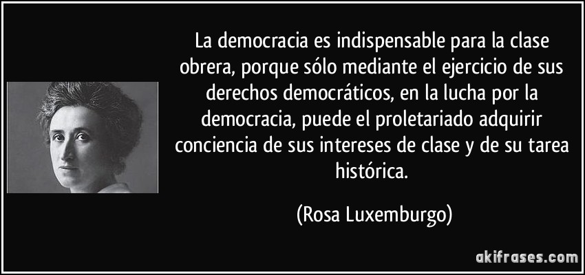 La democracia es indispensable para la clase obrera, porque sólo mediante el ejercicio de sus derechos democráticos, en la lucha por la democracia, puede el proletariado adquirir conciencia de sus intereses de clase y de su tarea histórica. (Rosa Luxemburgo)