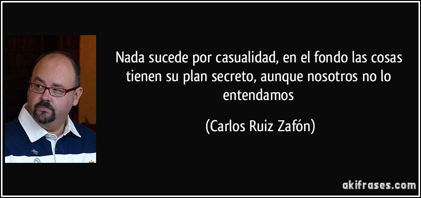 Nada sucede por casualidad, en el fondo las cosas tienen su plan secreto, aunque nosotros no lo entendamos (Carlos Ruiz Zafón)