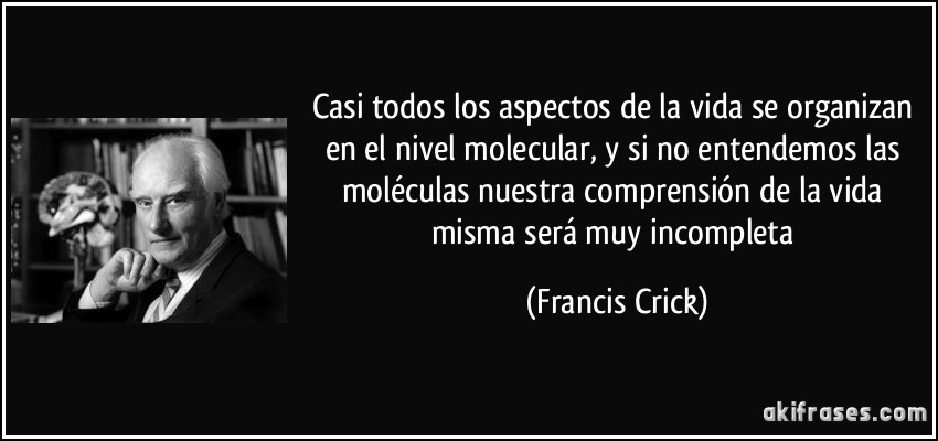 Casi todos los aspectos de la vida se organizan en el nivel molecular, y si no entendemos las moléculas nuestra comprensión de la vida misma será muy incompleta (Francis Crick)