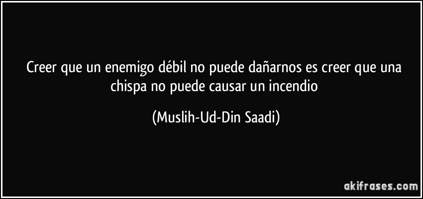 Creer que un enemigo débil no puede dañarnos es creer que una chispa no puede causar un incendio (Muslih-Ud-Din Saadi)