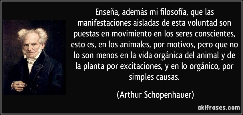 Enseña, además mi filosofía, que las manifestaciones aisladas de esta voluntad son puestas en movimiento en los seres conscientes, esto es, en los animales, por motivos, pero que no lo son menos en la vida orgánica del animal y de la planta por excitaciones, y en lo orgánico, por simples causas. (Arthur Schopenhauer)