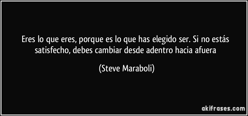 Eres lo que eres, porque es lo que has elegido ser. Si no estás satisfecho, debes cambiar desde adentro hacia afuera (Steve Maraboli)