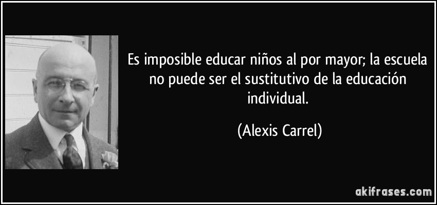 Es imposible educar niños al por mayor; la escuela no puede ser el sustitutivo de la educación individual. (Alexis Carrel)