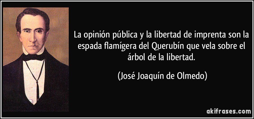 La opinión pública y la libertad de imprenta son la espada flamígera del Querubín que vela sobre el árbol de la libertad. (José Joaquín de Olmedo)