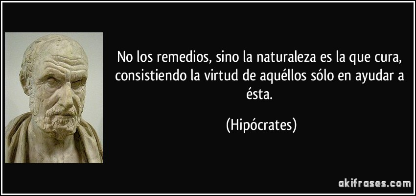 No los remedios, sino la naturaleza es la que cura, consistiendo la virtud de aquéllos sólo en ayudar a ésta. (Hipócrates)
