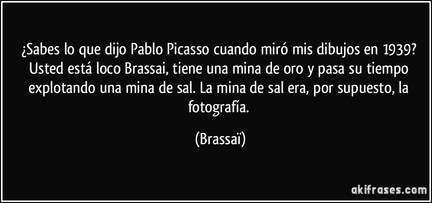 ¿Sabes lo que dijo Pablo Picasso cuando miró mis dibujos en 1939? Usted está loco Brassai, tiene una mina de oro y pasa su tiempo explotando una mina de sal. La mina de sal era, por supuesto, la fotografía. (Brassaï)