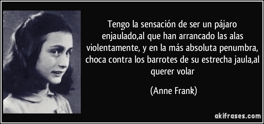 Tengo la sensación de ser un pájaro enjaulado,al que han arrancado las alas violentamente, y en la más absoluta penumbra, choca contra los barrotes de su estrecha jaula,al querer volar (Anne Frank)
