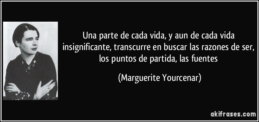 Una parte de cada vida, y aun de cada vida insignificante, transcurre en buscar las razones de ser, los puntos de partida, las fuentes (Marguerite Yourcenar)