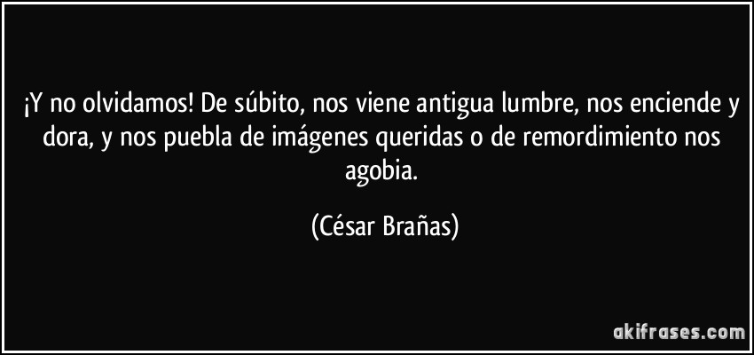 ¡Y no olvidamos! De súbito, nos viene antigua lumbre, nos enciende y dora, y nos puebla de imágenes queridas o de remordimiento nos agobia. (César Brañas)